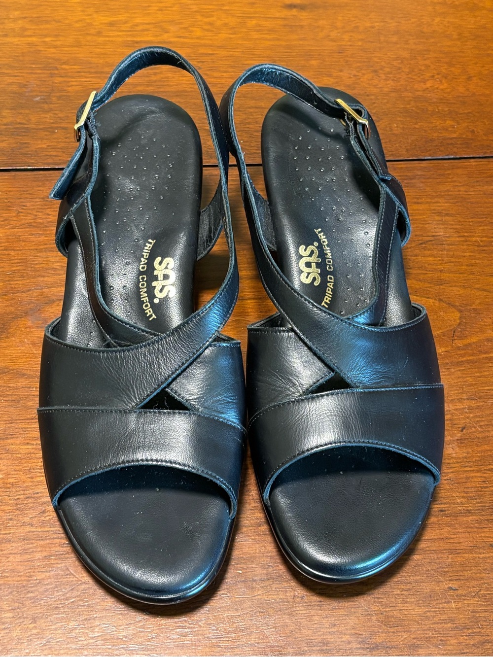 SAS Women’s Caress Cross Strap Wedge Sandals Leather Black Size 8N Style 221853